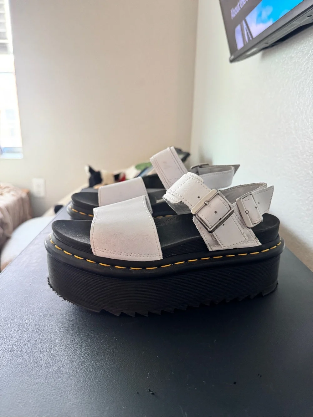 Dr. Martens White Leather Platform Buckle Sandals